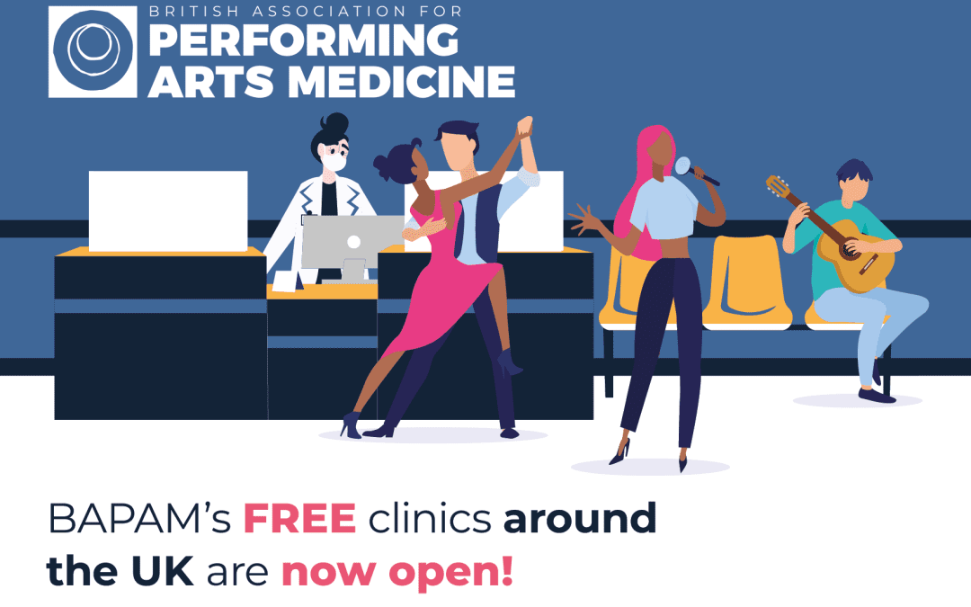 BAPAM's Free clinics around the UK are now open - graphic shows clinician surrounded by various performers