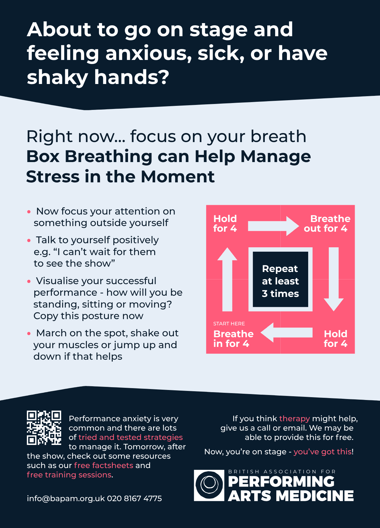 Performance anxiety poster shows box breathing exercise