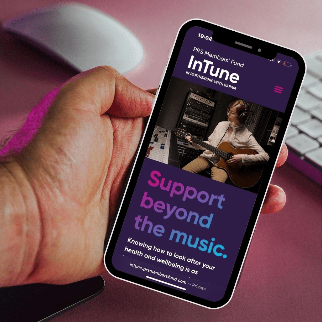 InTune from PRS Members Fund and BAPAM shown on a mobile phone